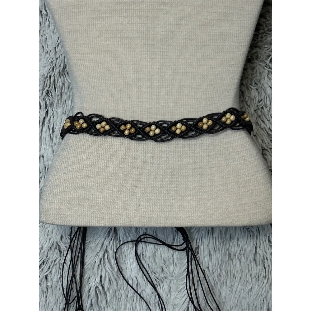 Vtg Macrame Wood Beaded Waist Tie Belt Fringe Dark Brown Hippie Boho 32